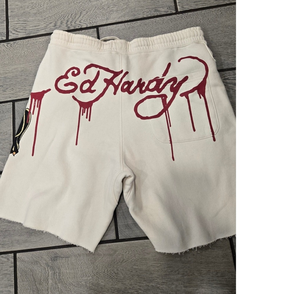 Ed Hardy Mens Cream Tattoo Graphic Sweat Shorts Skull Panther Logo Large - Picture 5 of 5